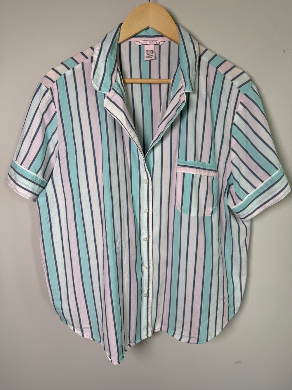 Victoria’s Secret Pastel Stripe Cotton Short Sleeve PJ Set Shirt + Shorts L - Picture 2 of 11